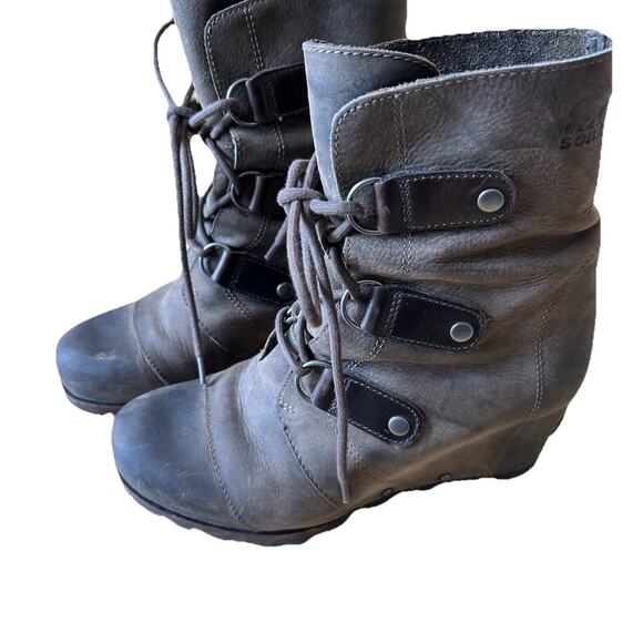 SOREL Joan of Arc Leather Brown Waterproof Lace Up Wedge Heel Boots $195 Size 9 - Picture 1 of 13